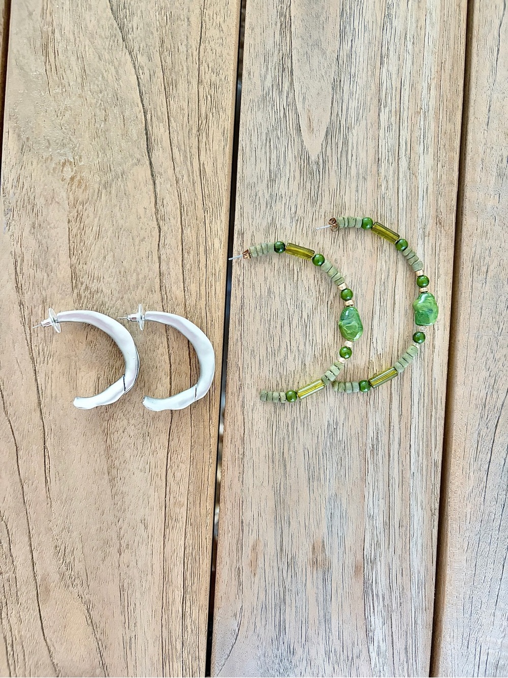 Free People Bundle of Earrings Green Beaded & silver half Hoop Earrings